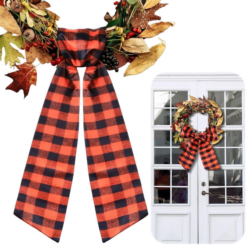 CraftyDream Wreath Sash for Front Door Wreath Satin Sash Blank Sashes Embroidery Monogram Yard Doorway Indoor Outdoor Wall Ribbon Bow Home Decor(Orange, Black,Fall Plaid) - Image 1