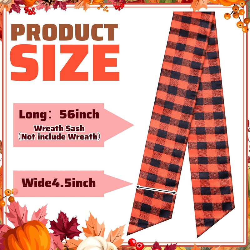 CraftyDream Wreath Sash for Front Door Wreath Satin Sash Blank Sashes Embroidery Monogram Yard Doorway Indoor Outdoor Wall Ribbon Bow Home Decor(Orange, Black,Fall Plaid) - Image 3