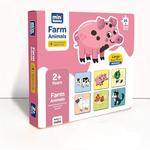 Mini Leaves Kids Toys for 2-5 Years Boy - 4 Pieces Wooden Puzzles Farm Animals Set of 6 - Wooden Jigsaw Puzzles for 2+ Year Old Boy - Educational, Safe, Zero Plastic, Vivid Colors - Image 1