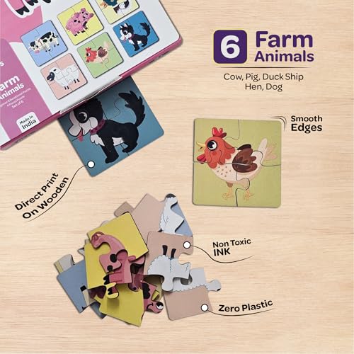 Mini Leaves Kids Toys for 2-5 Years Boy - 4 Pieces Wooden Puzzles Farm Animals Set of 6 - Wooden Jigsaw Puzzles for 2+ Year Old Boy - Educational, Safe, Zero Plastic, Vivid Colors - Image 4