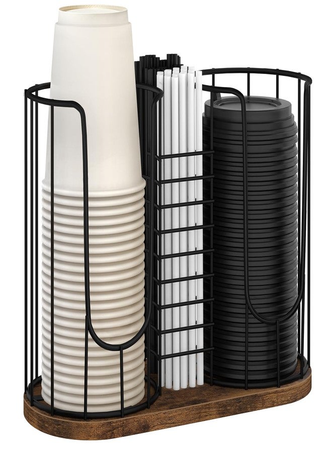 BCOZLUX Coffee Cup Holder 18oz 3-Compartment Paper Cup Dispenser Rack with Wood Base - Disposable Cup, Straw & Lid Organizer 3-in-1 Storage for Countertop, Coffee Bar, Kitchen, Office - Image 1