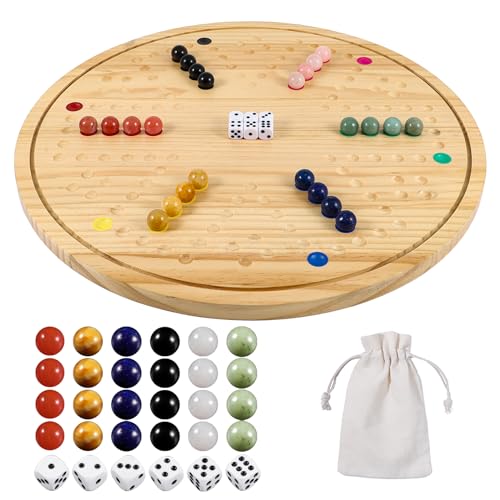 Wahartoly DoubleSided Wahoo Marble Board Game Set Solid Wood 46 Player Family Game with 24 Natural Marble Pieces 6 Dice Waterproof Coating Luxury Wooden Strategy Game - Image 1