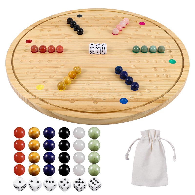 Wahartoly DoubleSided Wahoo Marble Board Game Set Solid Wood 46 Player Family Game with 24 Natural Marble Pieces 6 Dice Waterproof Coating Luxury Wooden Strategy Game - Image 3