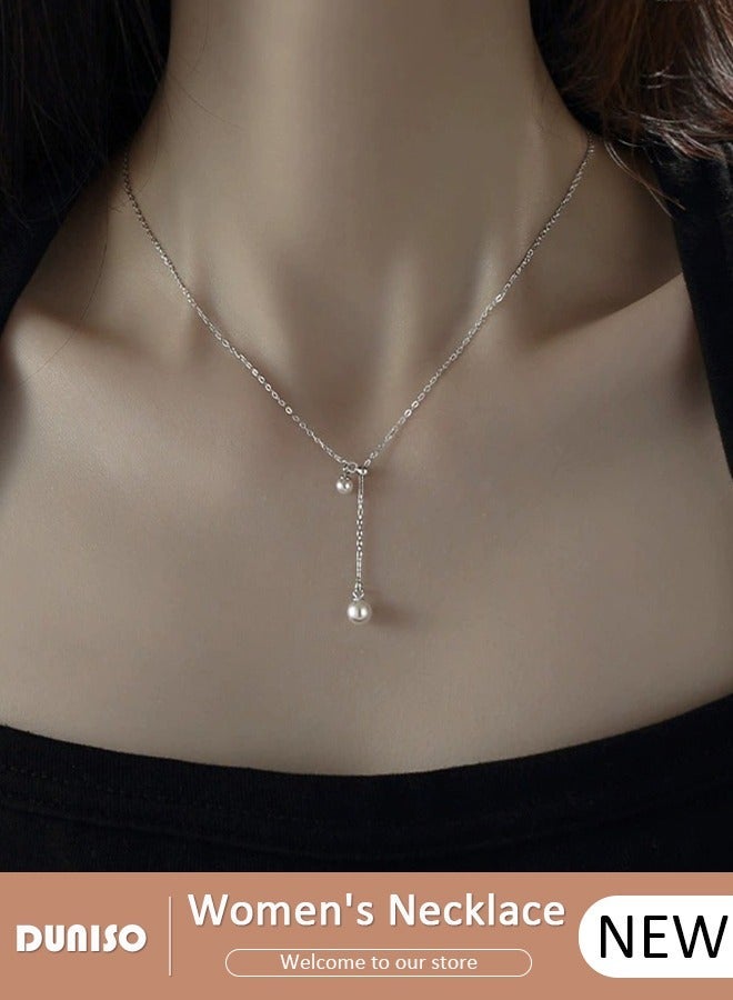 DUNISO Pearl Necklace 925 Sterling Silver Choker Necklace Silver Choker Chain Pearl Pendant Necklace Simple Necklace Chain Jewelry for Women Teen Girls - Image 1