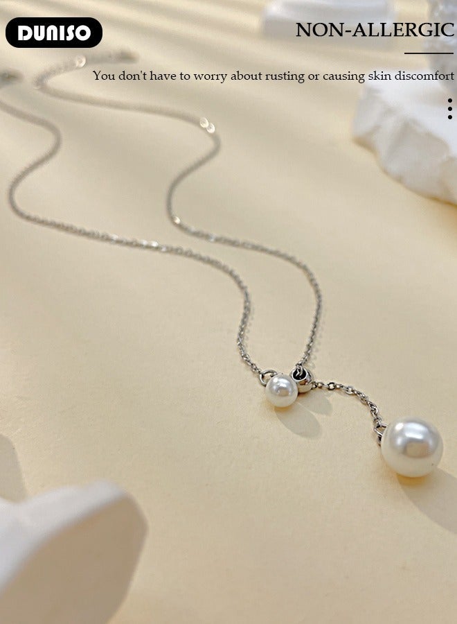 DUNISO Pearl Necklace 925 Sterling Silver Choker Necklace Silver Choker Chain Pearl Pendant Necklace Simple Necklace Chain Jewelry for Women Teen Girls - Image 5