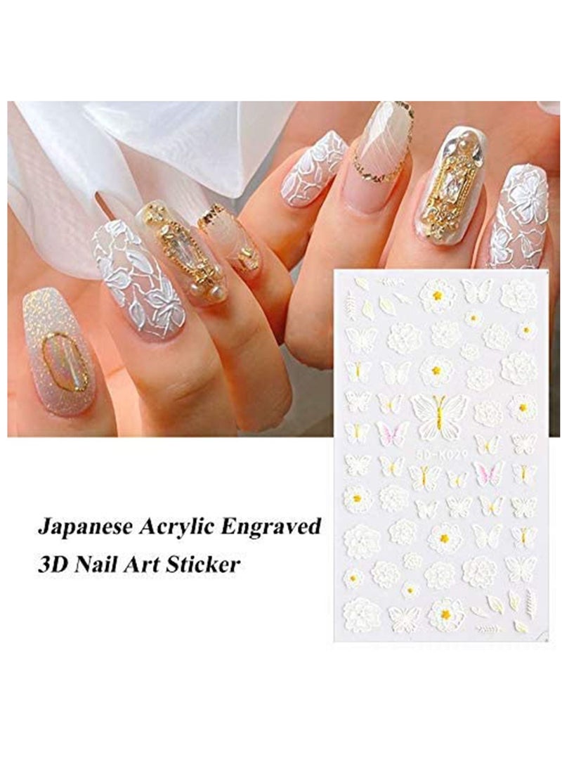 Y&D 5d Stereoscopic Embossed Flowers Nail Art Stickers Decals, Real 3d Self-adhesive Supplies White Lace Rose Flower Wings Design for Diy Acrylic Decoration 6 Sheets  - Image 4