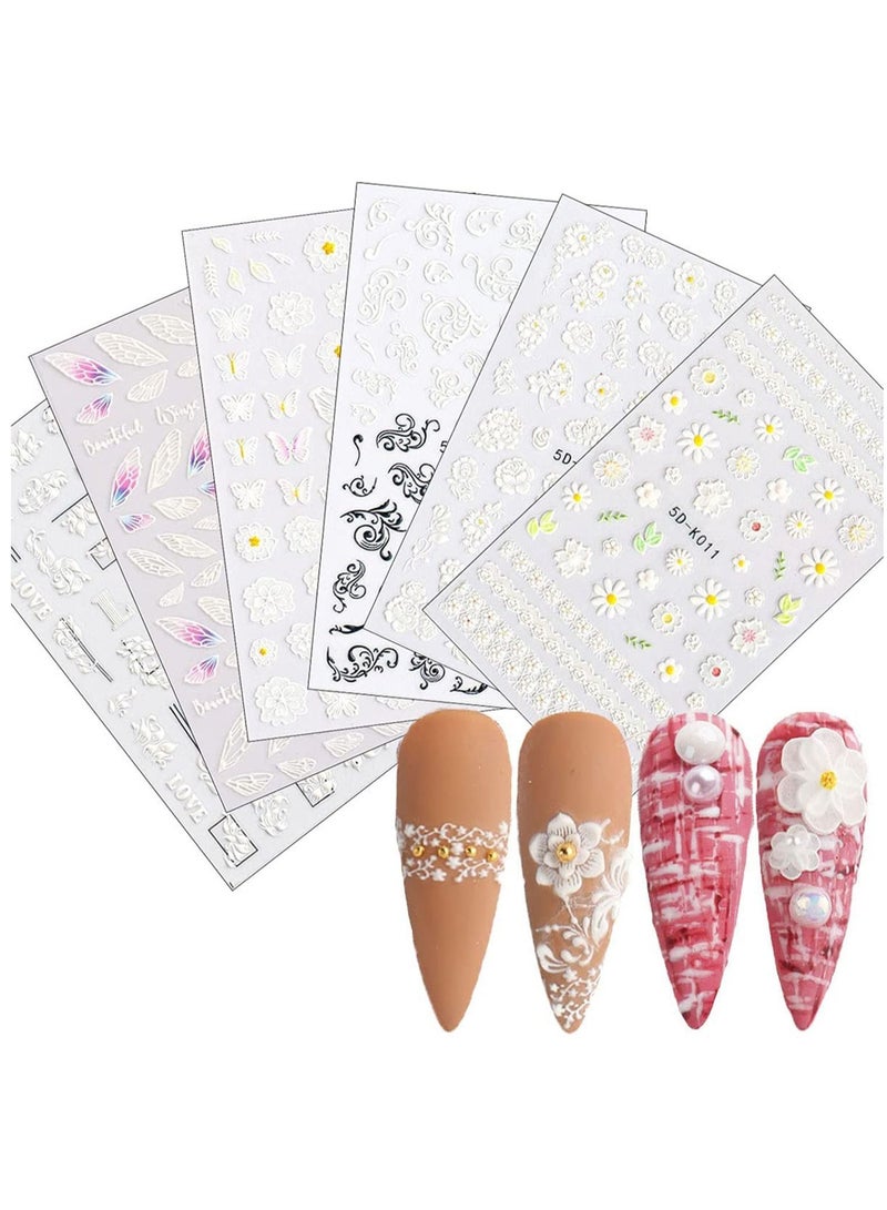 Y&D 5d Stereoscopic Embossed Flowers Nail Art Stickers Decals, Real 3d Self-adhesive Supplies White Lace Rose Flower Wings Design for Diy Acrylic Decoration 6 Sheets  - Image 1