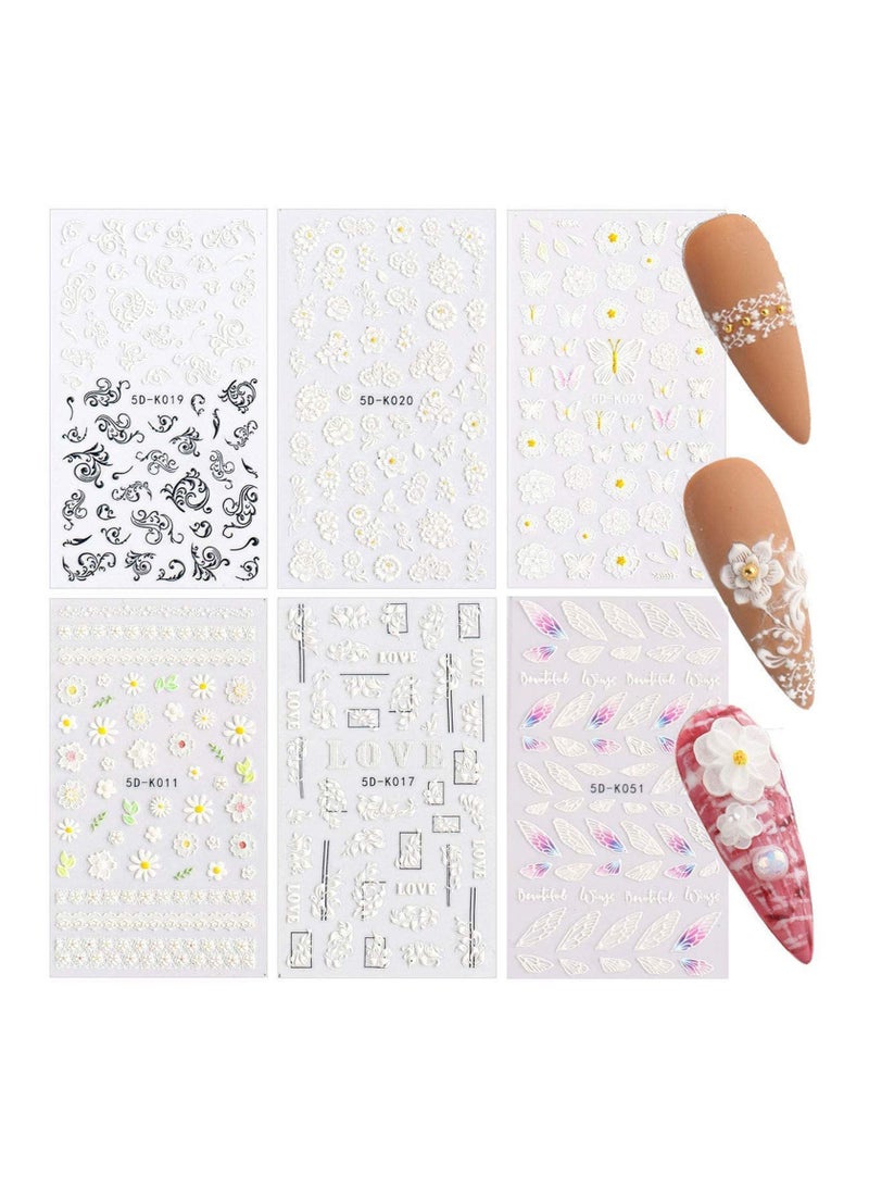 Y&D 5d Stereoscopic Embossed Flowers Nail Art Stickers Decals, Real 3d Self-adhesive Supplies White Lace Rose Flower Wings Design for Diy Acrylic Decoration 6 Sheets  - Image 2