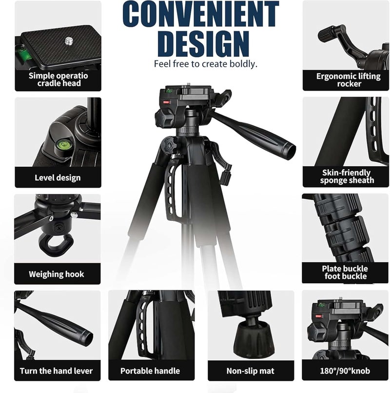 Adofys 76” Professional Aluminium Camera Tripod with Travel Bag and Phone Holder |Operating Height: 76 inch | Maximum Load Capacity up to 10kg | Compatible with All Cameras, Cell Phones, Projector - Image 2