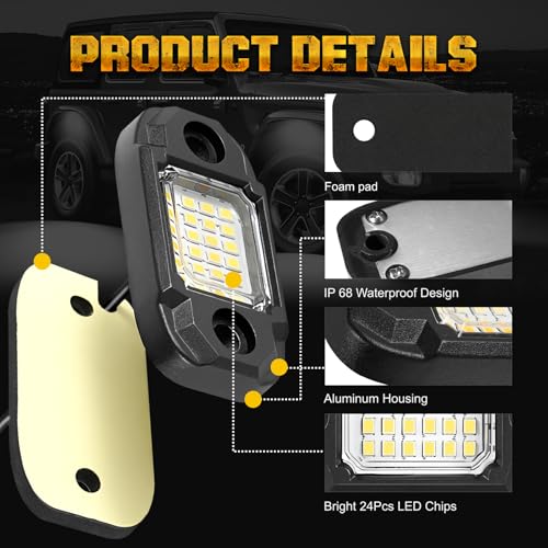 LY8 4 Pods White Rock Lights 24 LEDs Chips Waterproof Neon Trail Rig Lamp Underglow Light for Car Truck Motorcycle SUV ATV UTV (White) - Image 2