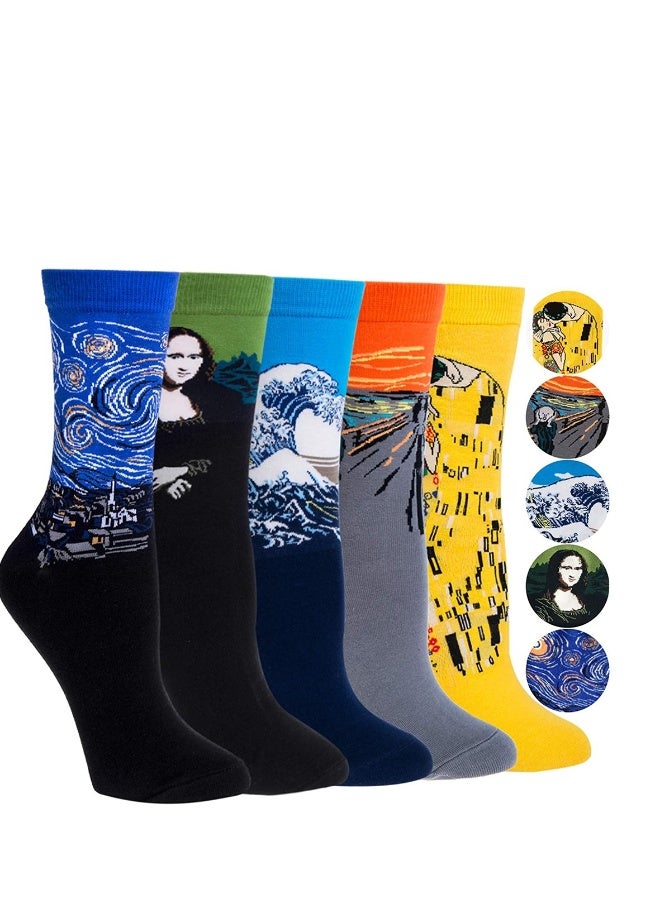 Mens Colorful Fun Dress Socks, Novelty Painting Socks, Fancy Funny Casual Combed Cotton Crew Socks, Unique & Striking Design for Running Skateboarding Hiking Sports Daily Use 5 Pair - Image 1