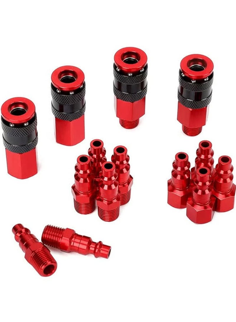Aikanbo Universal Air Hose Connector, 1/4 Inch NPT Air Quick Connect Fittings and Plug Kit, Aluminum Air Compressor Hose Fittings, Industrial Pneumatic Air Tool Adapter Accessories - 14 Pieces Red - Image 1