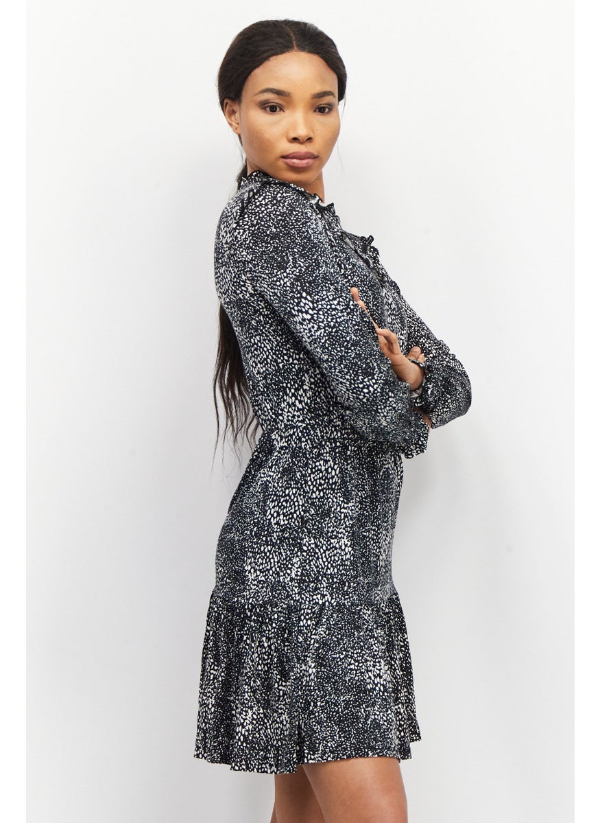 EDC Women Allover Print Long Sleeve Mini Dress, Black  - Image 4