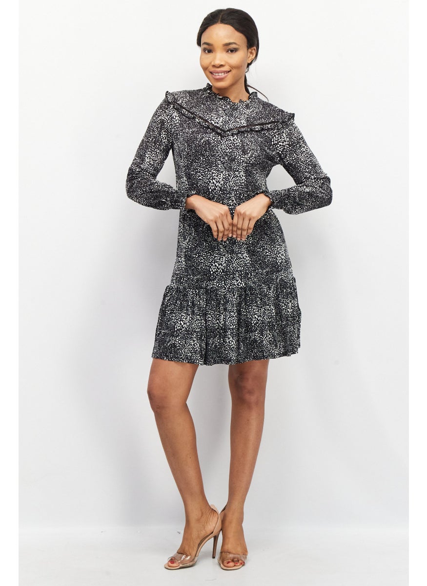 EDC Women Allover Print Long Sleeve Mini Dress, Black  - Image 2