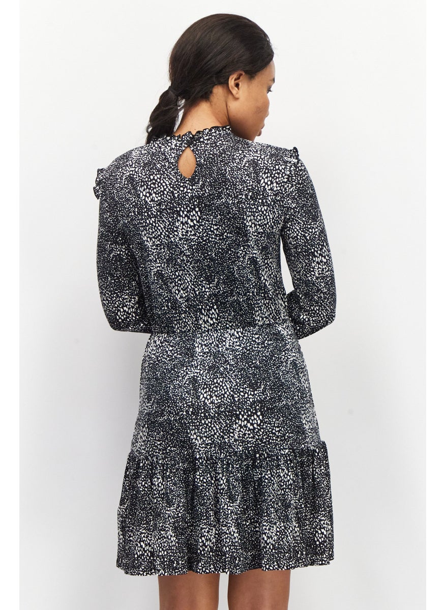 EDC Women Allover Print Long Sleeve Mini Dress, Black  - Image 3
