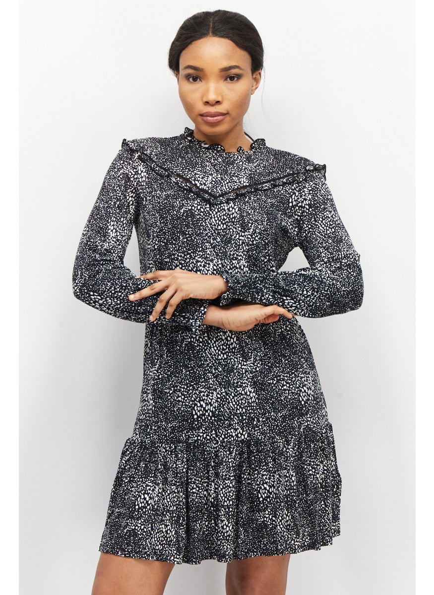 EDC Women Allover Print Long Sleeve Mini Dress, Black  - Image 1