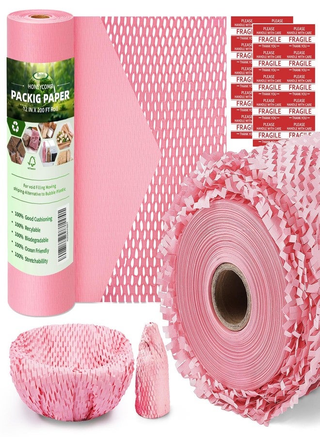 Besitek Honeycomb Packing Paper, 12" x 200' Packing Paper Substitute Alternative for Bubble Cushioning Wrap for Moving Shipping Packaging, Recyclable Moving Supplies Bubble Packing Wrap Roll-Pink - Image 1
