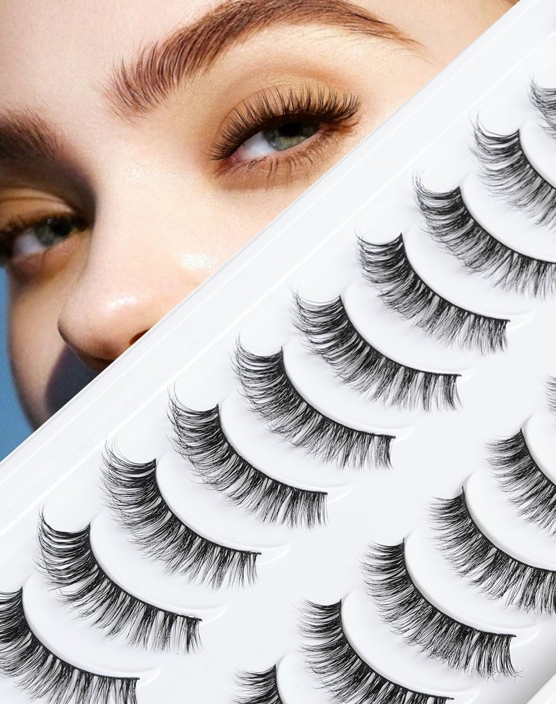 Natural Lashes Wispy Eyelashes Natural Look False Lashes Mink False Eyelashes Volume Lashes Thin Band Eyelashes 10 Pairs DM02