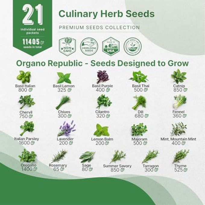 Organo Republic 21 Culinary Herb Seeds Variety Pack Heirloom, Non-Gmo, Herb Seeds For Planting Outdoor And Indoor Home Gardening. Over 11,400+ Seeds Including Rosemary, Thyme, Oregano, Mint, Basil, Parsley & More - Image 3