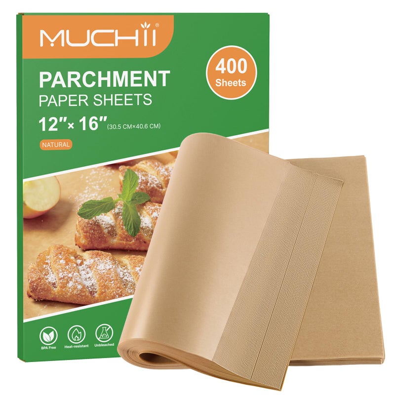 MUCHII 400 Pcs Unbleached Parchment Paper Sheets, 12 x 16 Inch Precut Non-Stick Parchment Sheets for Baking, Cooking, Grilling, Air Fryer, and Steaming - Image 1