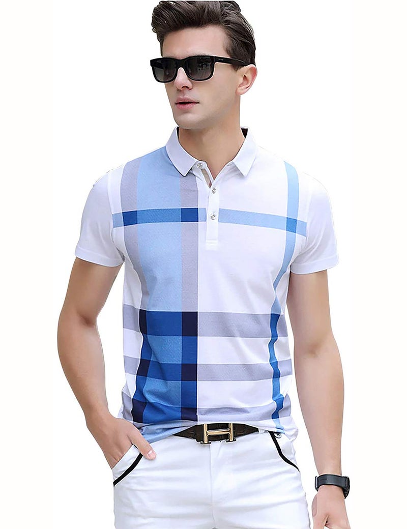 EYEBOGLER Men's Regular Fit Cotton Blended Check Printed Polo Neck T-Shirt|XL-T344HS-WHSB White Sky Blue - Image 1
