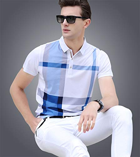 EYEBOGLER Men's Regular Fit Cotton Blended Check Printed Polo Neck T-Shirt|XL-T344HS-WHSB White Sky Blue - Image 2