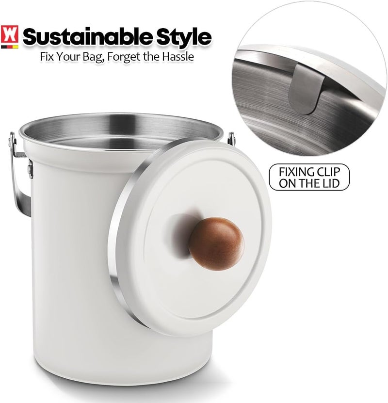 WAGENSTEIGER Kitchen Countertop Compost Bin 101ounces / 3Liters, Airtight Lid SUS304 Stainless Steel Odor-Free Food Waste Bin with Wooden Handle Stylish Design/Bathroom Trash Can (White) - Image 2