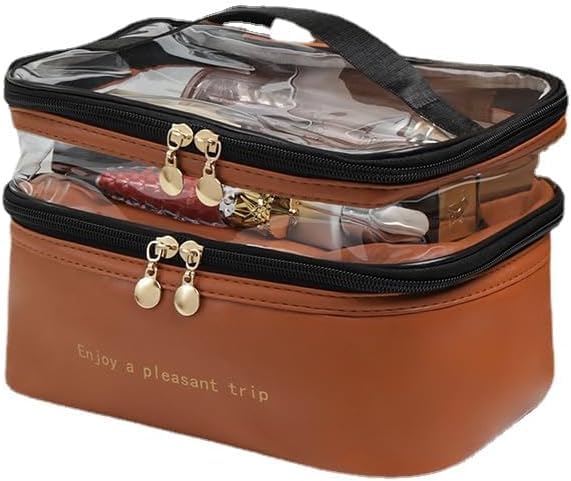 Keetly Cute Makeup Bag Travel Cosmetic Bags Chic Travel Cosmetic Bag Makeup Pouch Portable Travel Toiletry Bag with Zipper Double Layer Women Makeup Travel Bag with Handle Waterproof Brown - Image 1