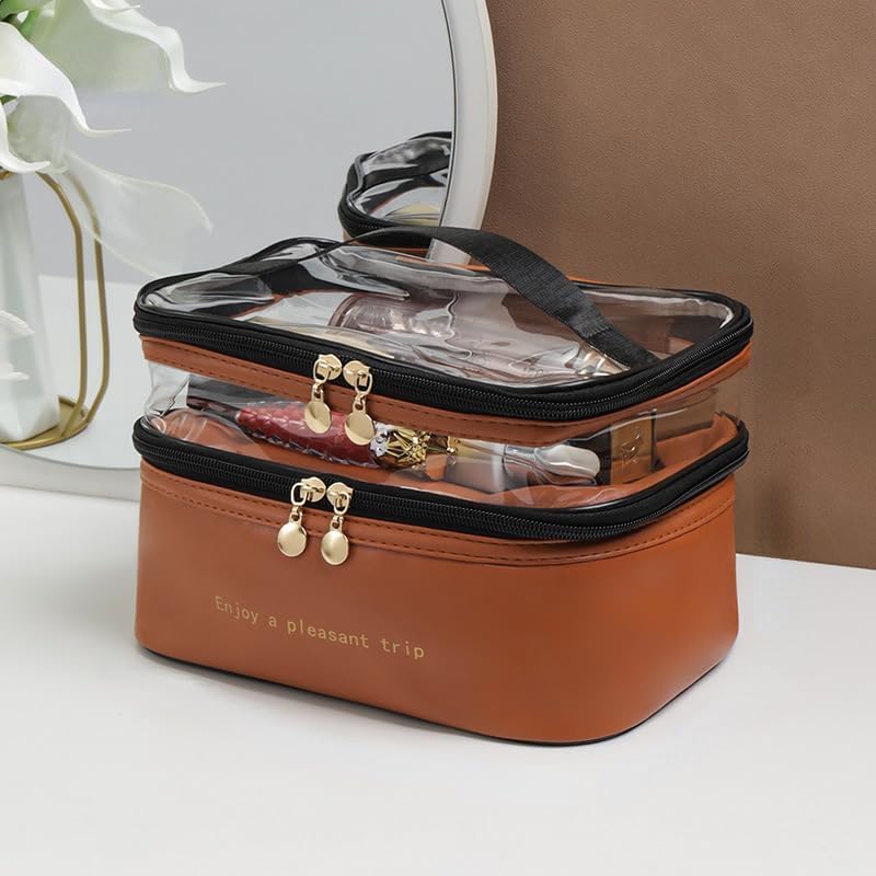 Keetly Cute Makeup Bag Travel Cosmetic Bags Chic Travel Cosmetic Bag Makeup Pouch Portable Travel Toiletry Bag with Zipper Double Layer Women Makeup Travel Bag with Handle Waterproof Brown - Image 2