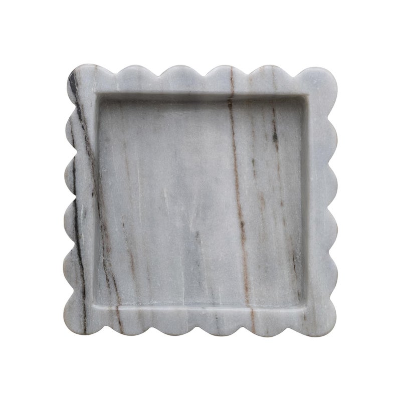 Creative Co-Op Square MÃ©lange Scalloped Marble Tray, Grey - Image 3