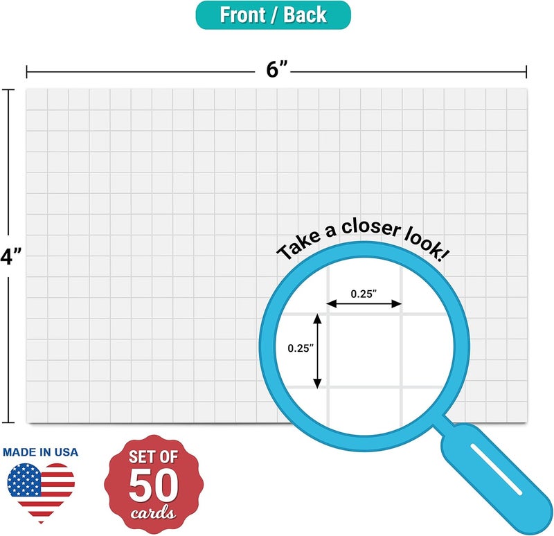 321Done Grid Index Cards (Set of 50) 4" x 6", Graph-Ruled 0.25" Double-Sided, Thick Cardstock, Made in The USA, White - Image 2