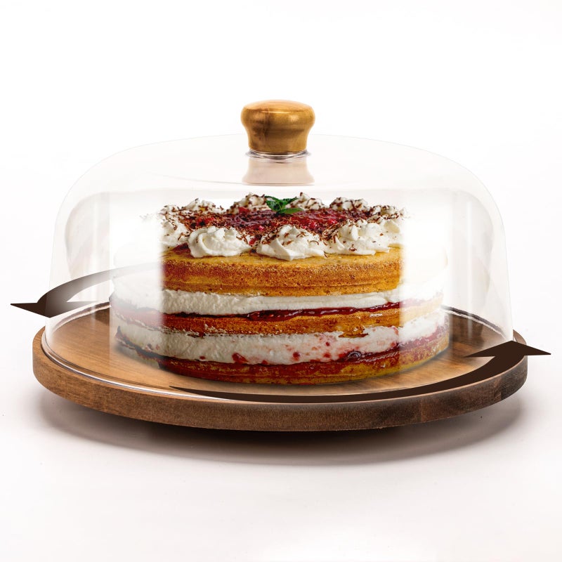 NWK حامل كعكة دوار NWK مع غطاء قبة أكريليك 11 بوصة حامل عرض كعكة خشبي من الأكاسيا دوار مع غطاء شفاف 282 × 115 مم لحفلات عيد الميلاد وحفلات الزفاف
