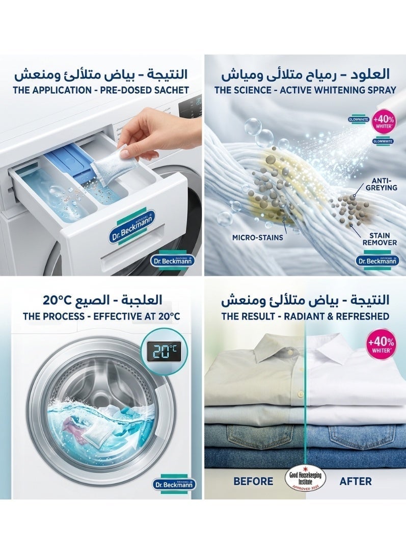 Dr. Beckmann Glowhite Everyday Laundry Whitener 5 Sachets | Up to 40% Whiter from the First Wash, Removes Yellowing & Stains, Restores Bright White Fabrics (40g per Sachet) - Image 5