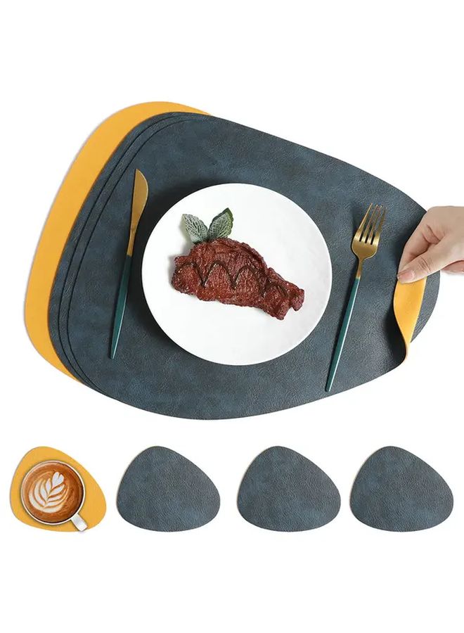 ترقية مجموعة مفرش طاولة بيضاوي قابل للعكس من الجلد الصناعي القابل للغسيل مع 6 مساند للأكواب باللون الأزرق الداكن والأصفر - Image 2