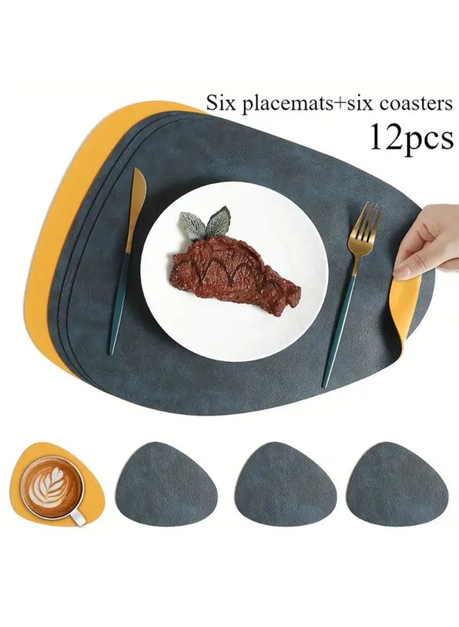 ترقية مجموعة مفرش طاولة بيضاوي قابل للعكس من الجلد الصناعي القابل للغسيل مع 6 مساند للأكواب باللون الأزرق الداكن والأصفر - Image 1