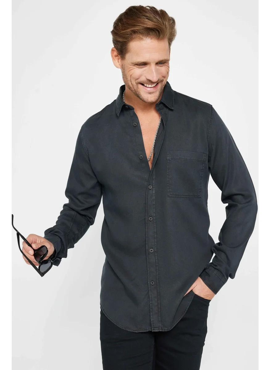 Tudors Slim Fit Long Sleeve Slim Fit Sports Collar Plain Black Denim Men's Shirt