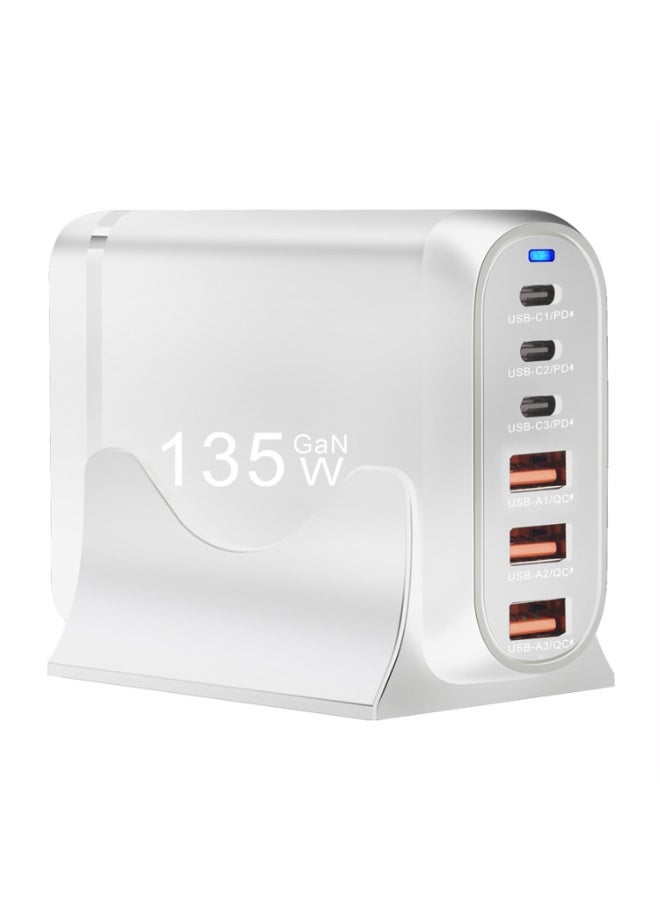 شاحن USB سريع GaN بقدرة 135 واط مع 6 منافذ، 3 منافذ USB-C PD و3 منافذ USB-A QC، محطة شحن مكتبية متعددة الأجهزة مع خيارات متعددة للمقبس الكهربائي - Image 1