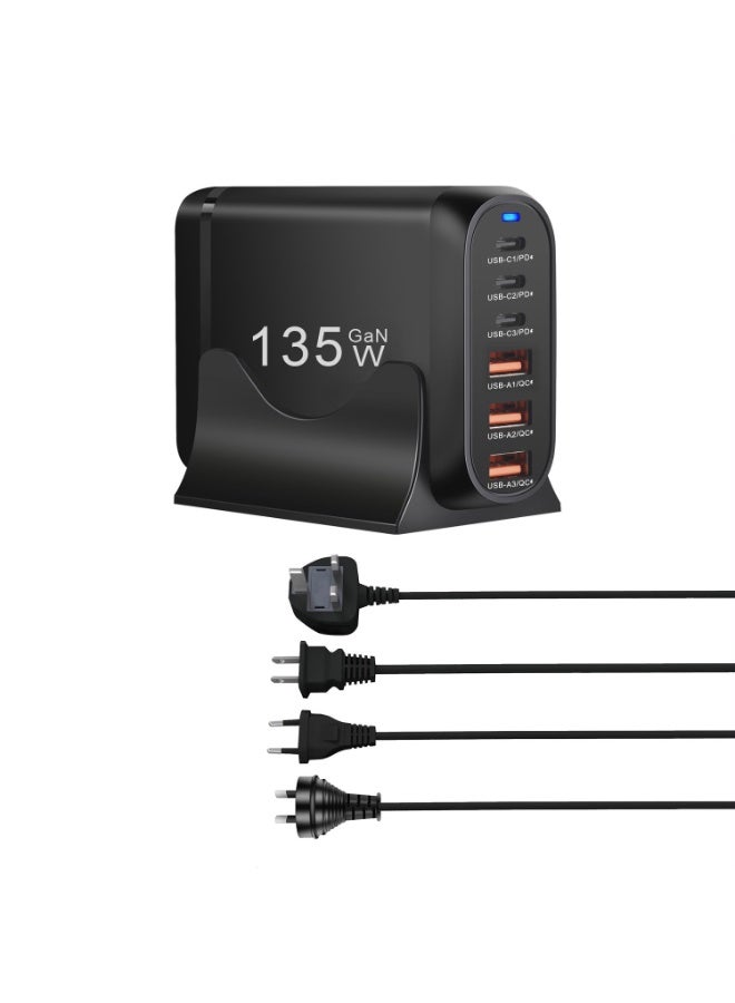 شاحن USB سريع GaN بقدرة 135 واط مع 6 منافذ، 3 منافذ USB-C PD و3 منافذ USB-A QC، محطة شحن مكتبية متعددة الأجهزة مع خيارات متعددة للمقبس الكهربائي - Image 2