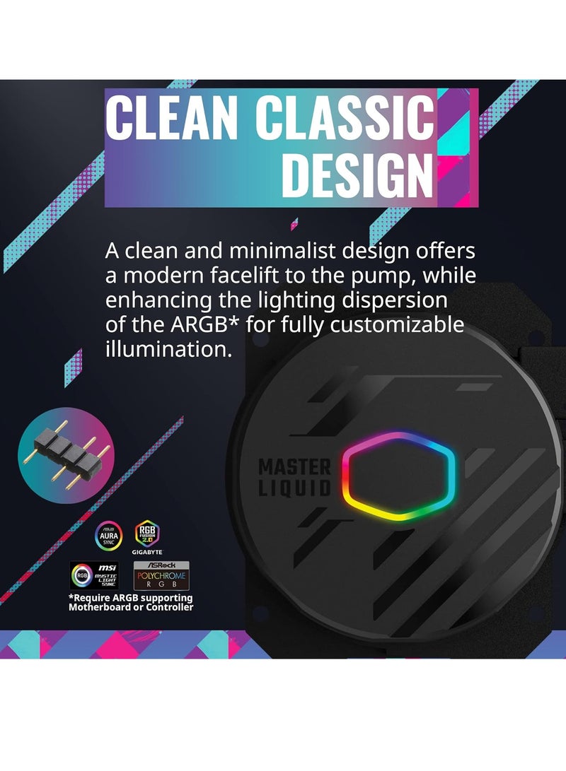 كولر ماستر مبرد سائل Master Liquid 360L Core ARGB 360 مم AIO بحلقة مغلقة، مزامنة ARGB، مضخة تبريد من الجيل S، 120 مم PWM، CryoFuze 14W/Mk، AMD Ryzen AM5/AM4، Intel LGA1700/1200 (MLW-D36M-A18PZ-RW) - Image 3