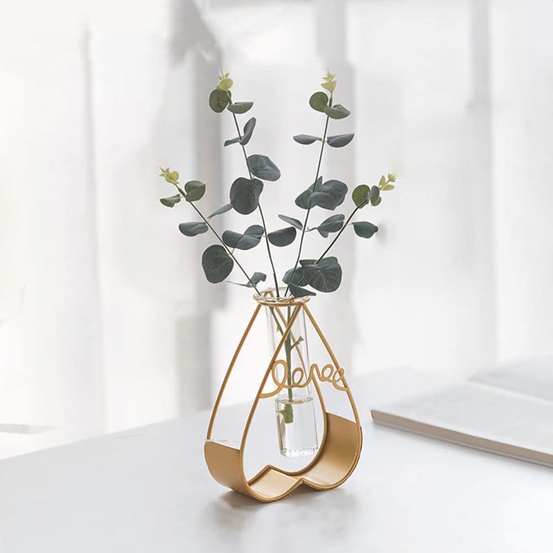 FURN ASPIRE Furn Aspire Artificial Flowers with Heart Vase Combo Metal Frame Stand Crystal Transparent Propagation Tube for Office Home Decoration Heart with Eucalyptus  - Image 1