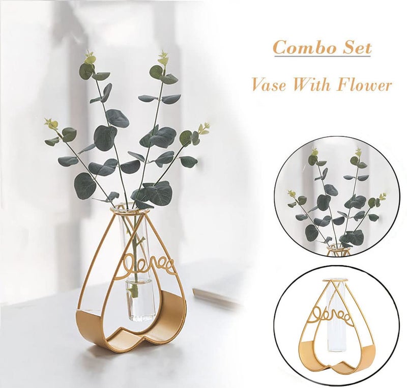 FURN ASPIRE Furn Aspire Artificial Flowers with Heart Vase Combo Metal Frame Stand Crystal Transparent Propagation Tube for Office Home Decoration Heart with Eucalyptus  - Image 2