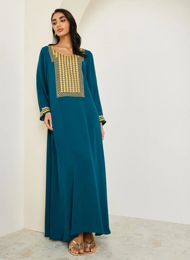 Women Blue Embroidered A-Line Jalabiya