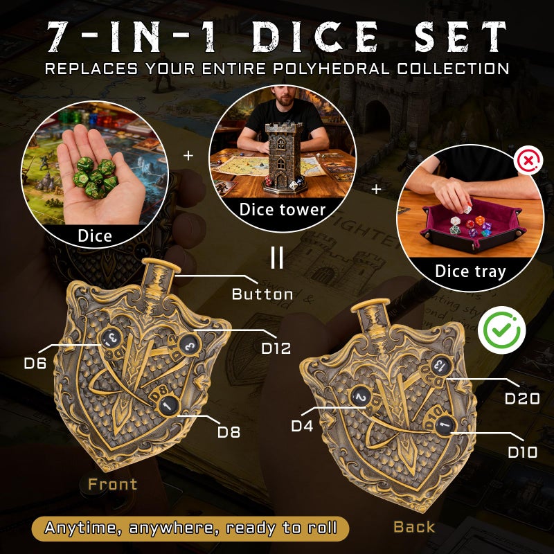 CZYY MinZerTRPG Roulette Dice 3.0 - Unique Shield Mechanical Spinner Dice for Tabletop RPG | 7-in-1 Metal DND Dice Set with Leather Pouch | Fidget EDC, Geek Gift for TTRPG Gamer & DM (Shield of Valor A) - Image 2