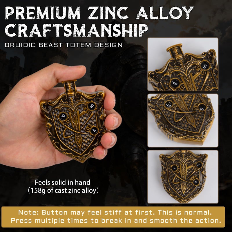 CZYY MinZerTRPG Roulette Dice 3.0 - Unique Shield Mechanical Spinner Dice for Tabletop RPG | 7-in-1 Metal DND Dice Set with Leather Pouch | Fidget EDC, Geek Gift for TTRPG Gamer & DM (Shield of Valor A) - Image 4