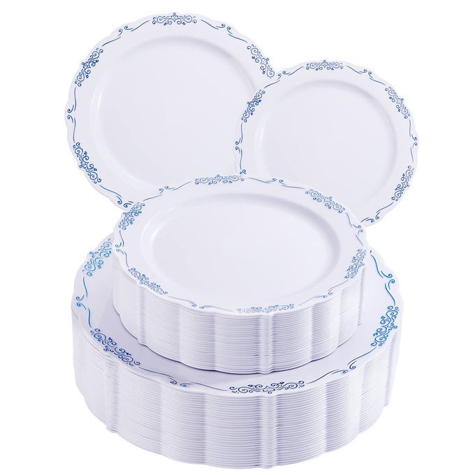 60PCS BLUE AND WHITE PLASTIC PLATES BLUE RIM WHITE DISPOSABLE PLATES BLUE WHITE PARTY PLATES INCLUDE30 PLASTIC DINNER PLATES 30 DESSERT PLATES AND WEDDING PARTY DINING