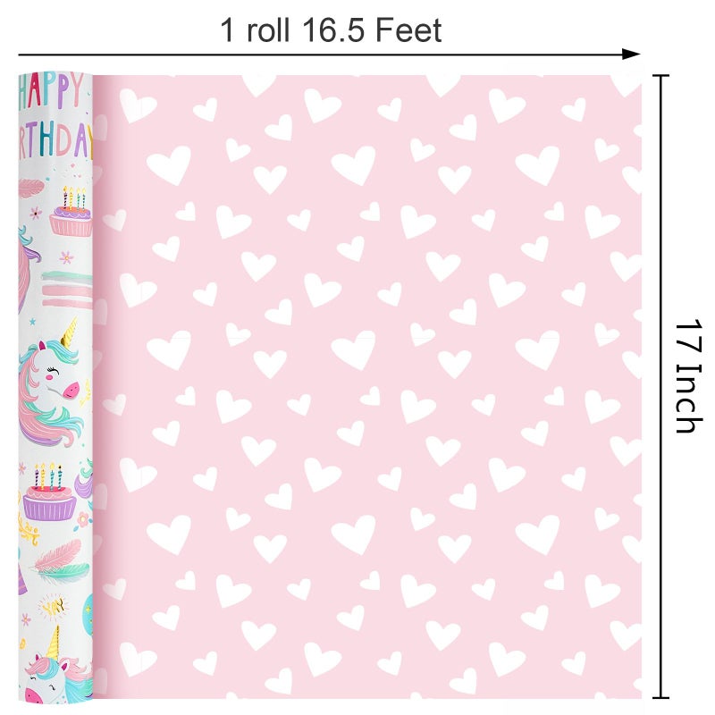 MAYPLUSS Unicorn Wrapping Paper for Girl, 17 Inch x 16.5 Feet Birthday Gift Wrap Featuring Gold Corn Reversible Heart for Princess Kids Baby Shower - Image 4