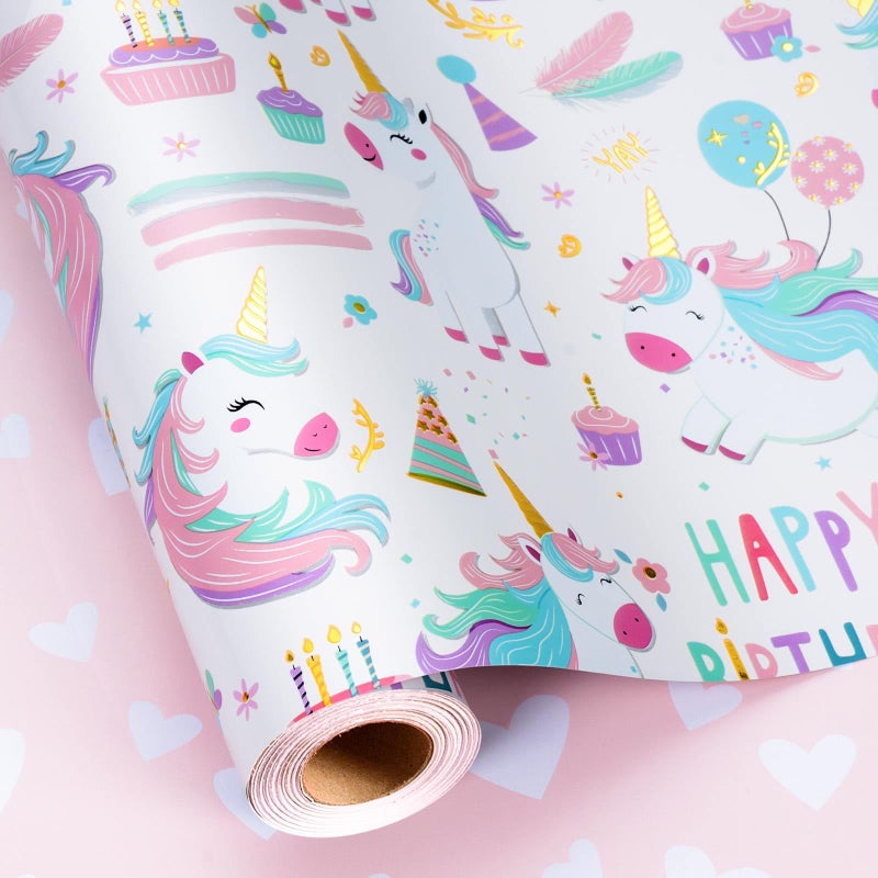 MAYPLUSS Unicorn Wrapping Paper for Girl, 17 Inch x 16.5 Feet Birthday Gift Wrap Featuring Gold Corn Reversible Heart for Princess Kids Baby Shower - Image 1