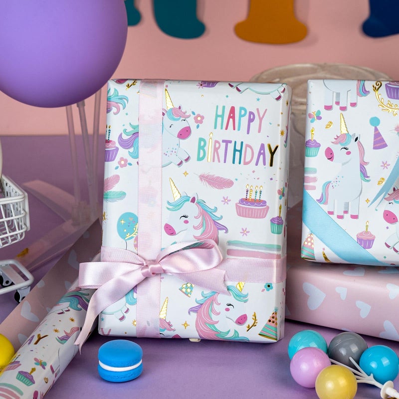 MAYPLUSS Unicorn Wrapping Paper for Girl, 17 Inch x 16.5 Feet Birthday Gift Wrap Featuring Gold Corn Reversible Heart for Princess Kids Baby Shower - Image 5