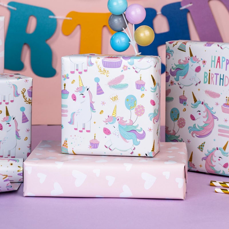 MAYPLUSS Unicorn Wrapping Paper for Girl, 17 Inch x 16.5 Feet Birthday Gift Wrap Featuring Gold Corn Reversible Heart for Princess Kids Baby Shower - Image 3