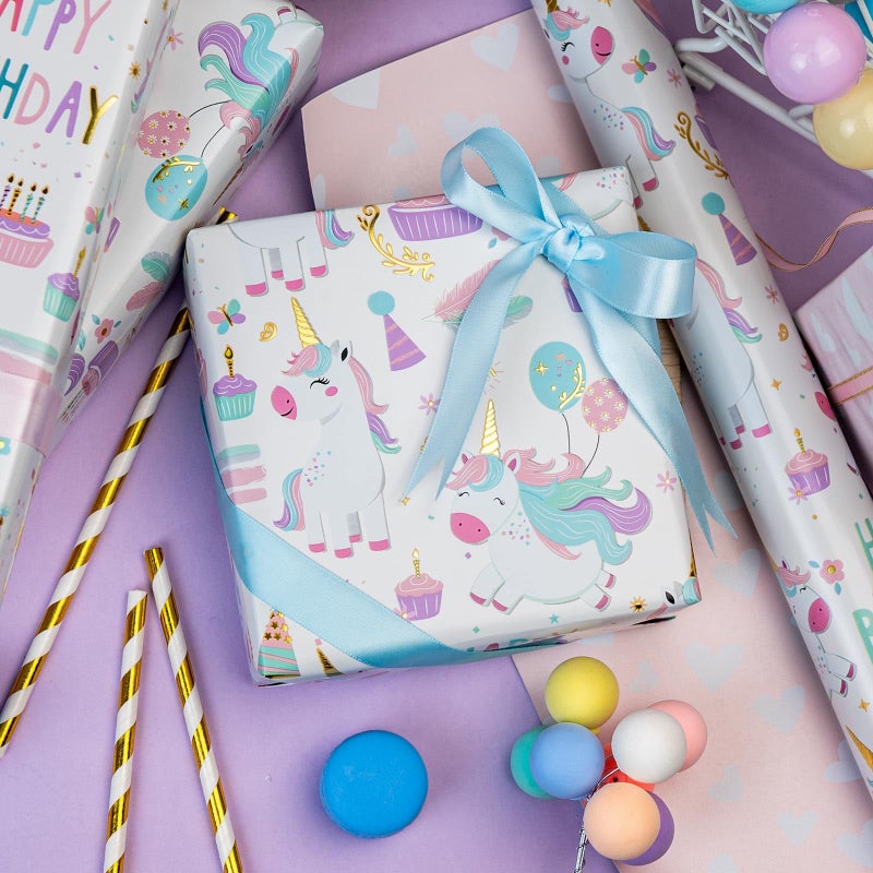 MAYPLUSS Unicorn Wrapping Paper for Girl, 17 Inch x 16.5 Feet Birthday Gift Wrap Featuring Gold Corn Reversible Heart for Princess Kids Baby Shower - Image 2